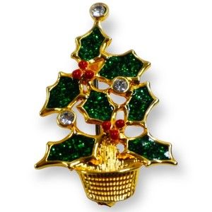 Avon Brooch Enamel Rhinestone Christmas Holly Tree  Gold Tone & Green Pin VTG